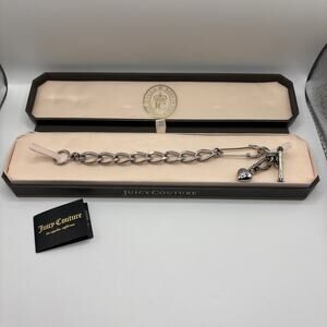 JUICY COUTURE Safety Pin Starter Bracelet with Heart Charm Toggle Clasp Silver
